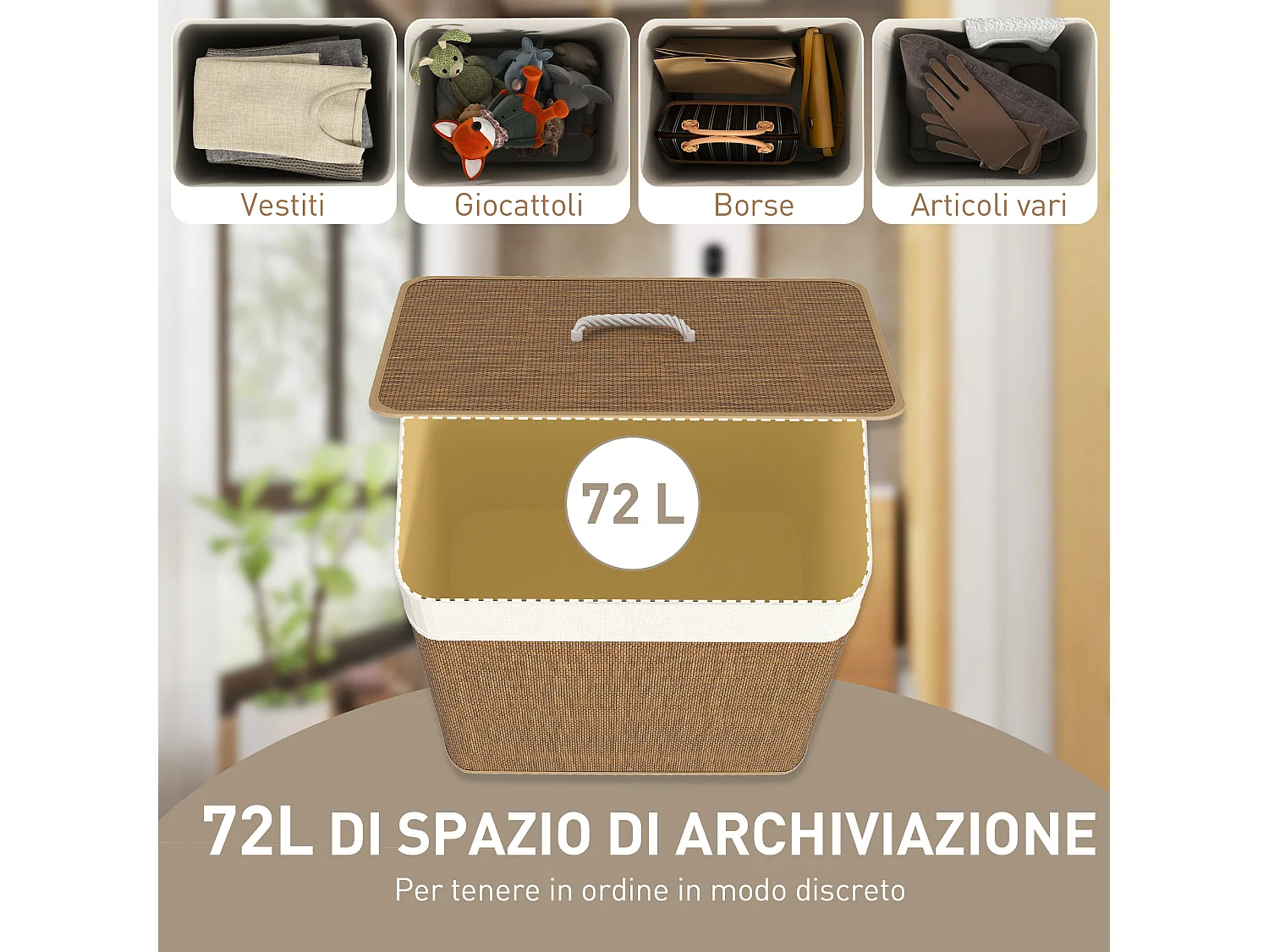 Cesto portabiancheria 72 litri con coperchio in bambù marrone