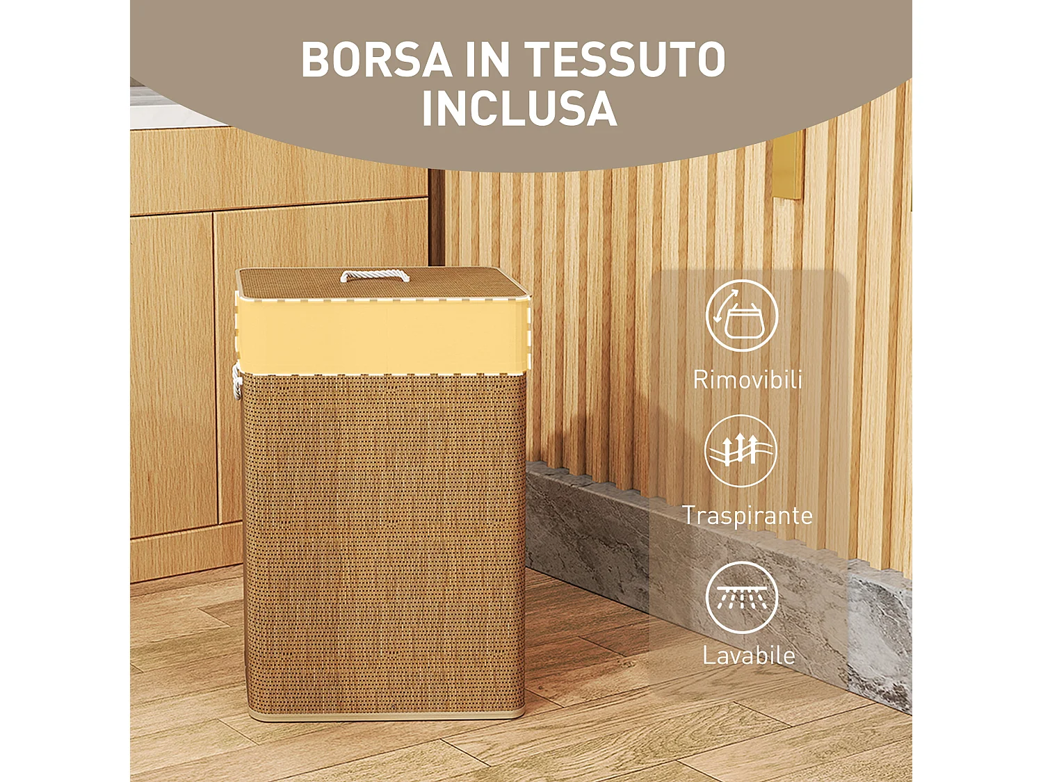 Cesto portabiancheria 72 litri con coperchio in bambù marrone