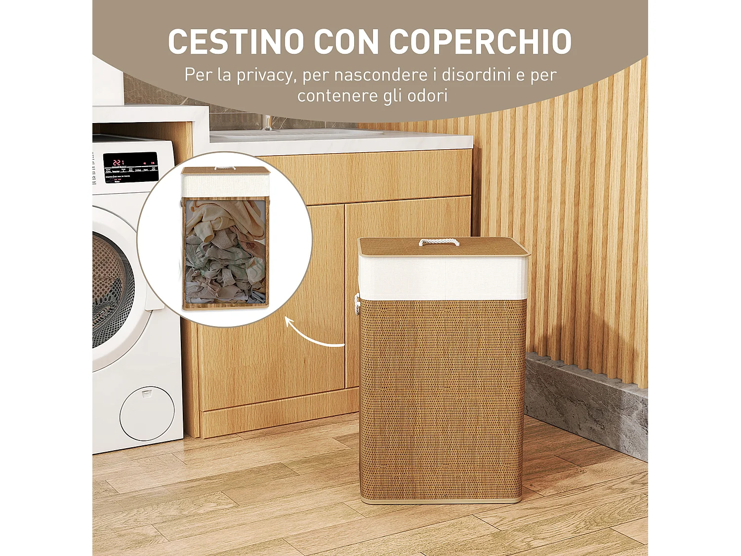 Cesto portabiancheria 72 litri con coperchio in bambù marrone