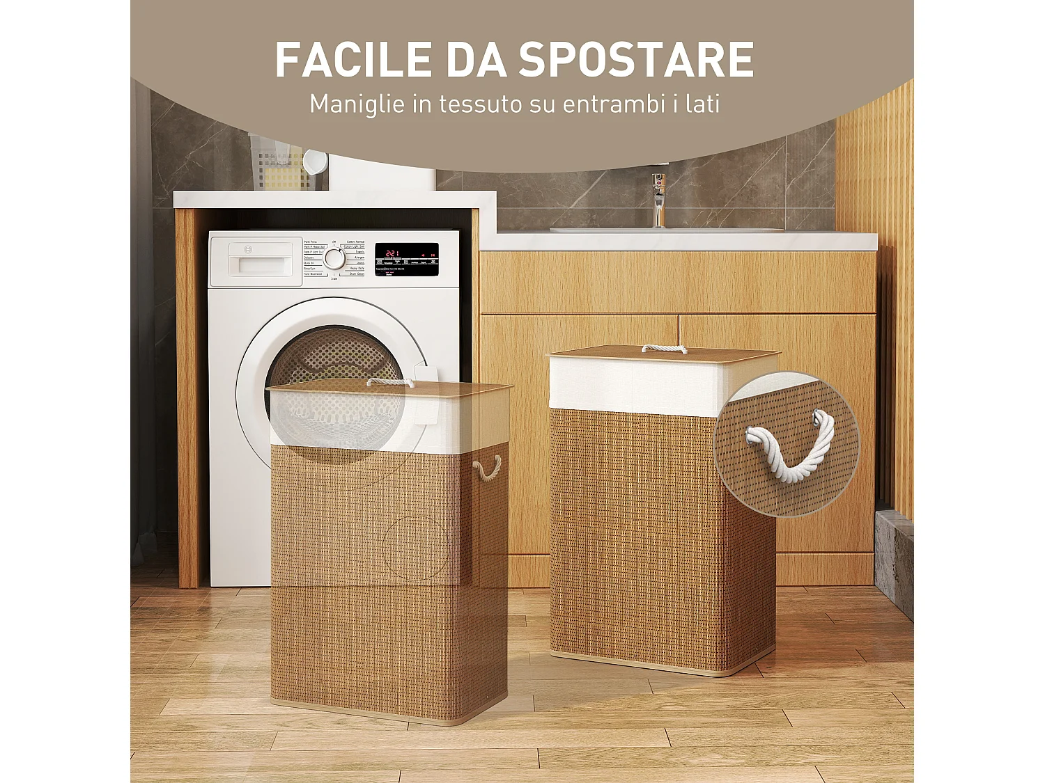 Cesto portabiancheria 72 litri con coperchio in bambù marrone
