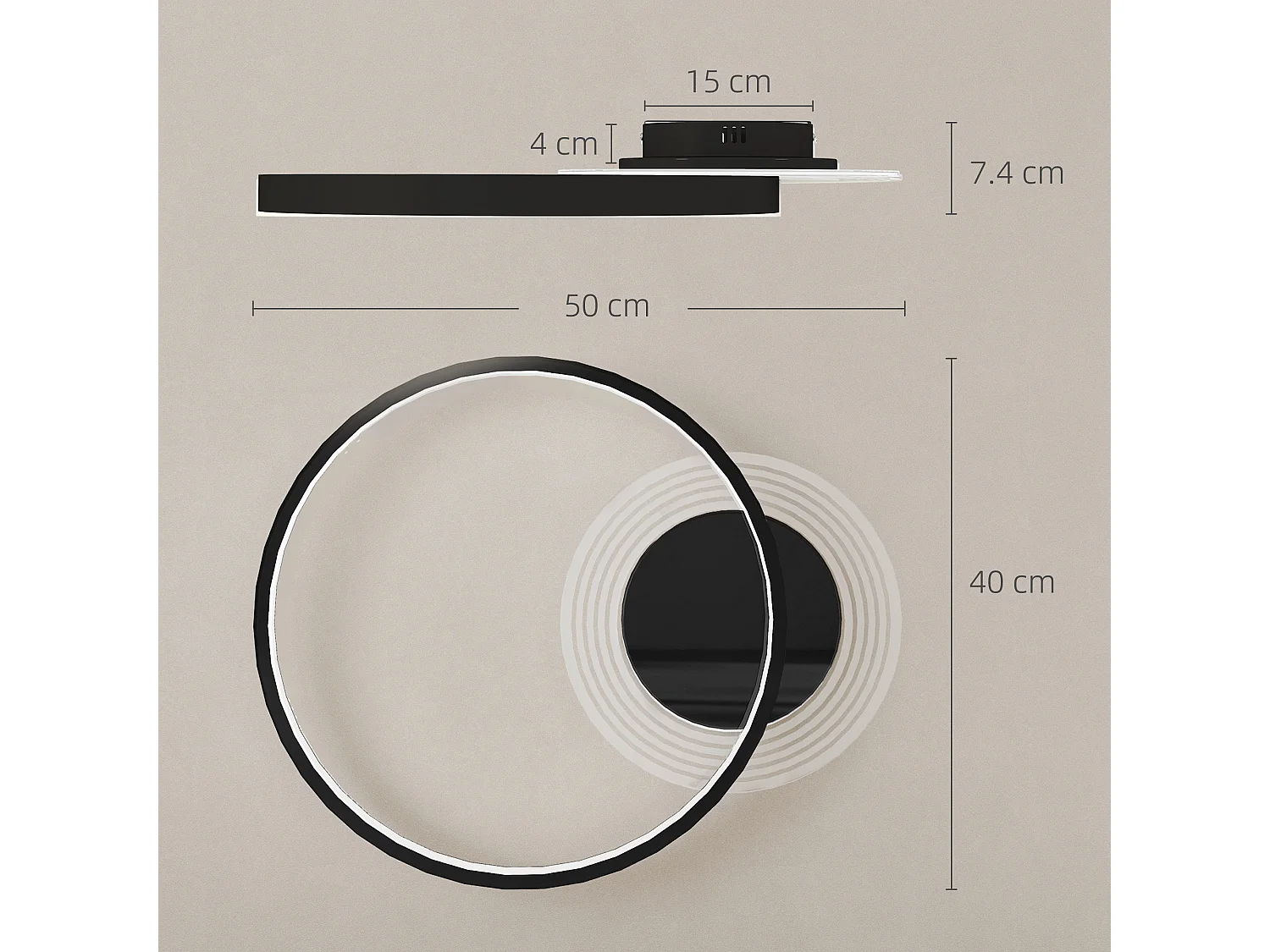 Plafoniera led moderna a 2 anelli con luminosità regolabile nero