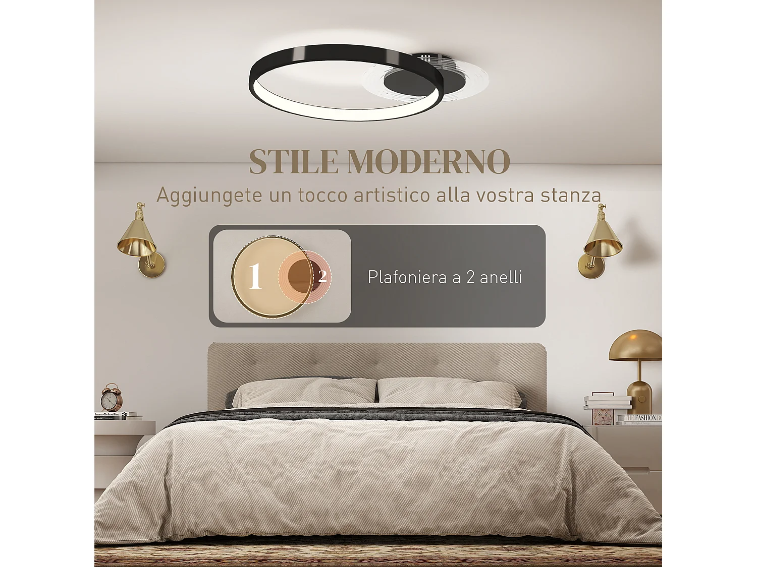 Plafoniera led moderna a 2 anelli con luminosità regolabile nero