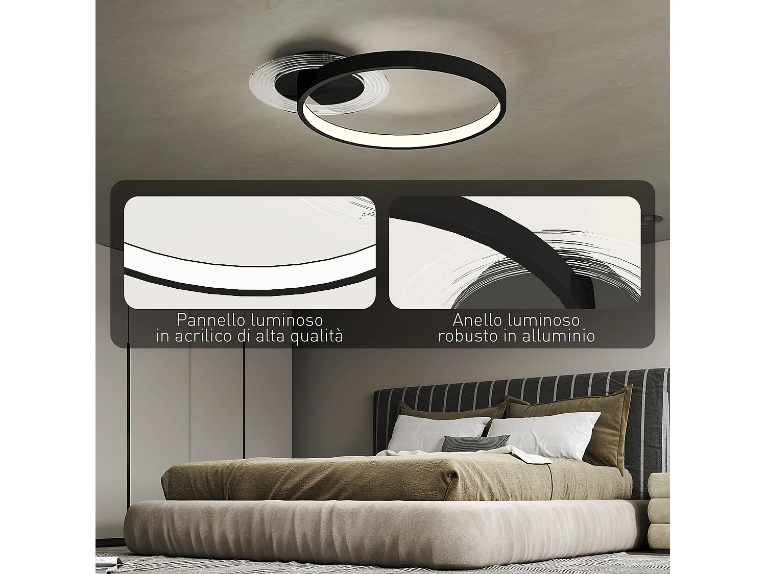 Plafoniera led moderna a 2 anelli con luminosità regolabile nero