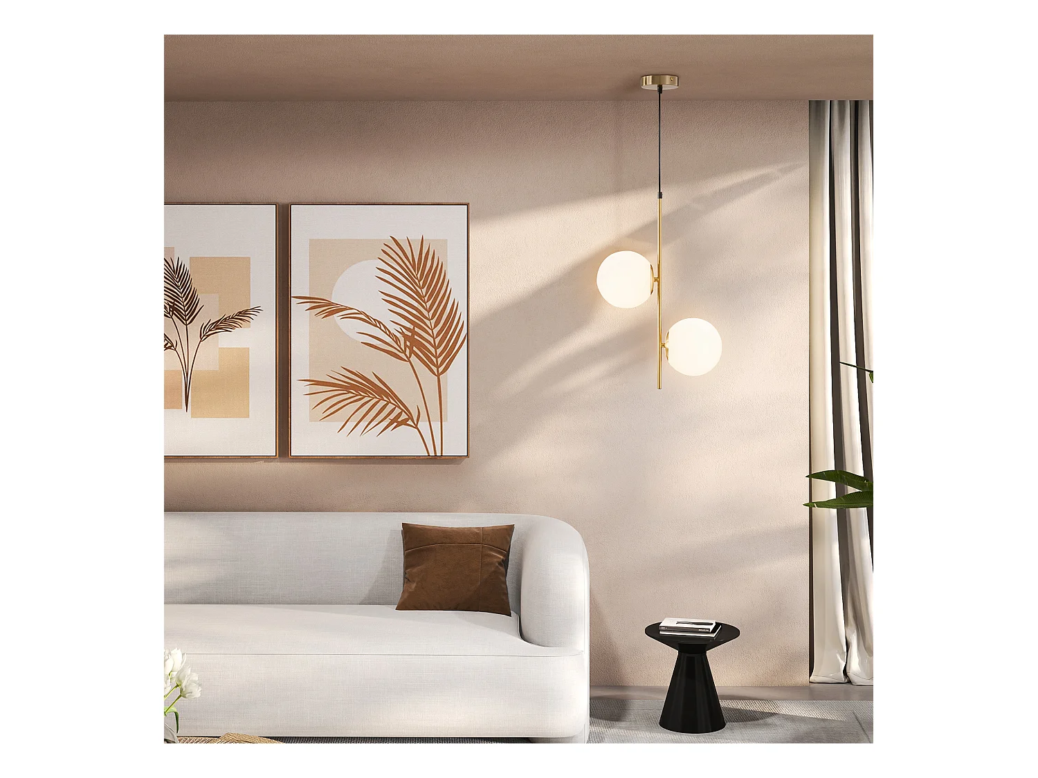 Lampada a sospensione in metallo con 2 paralumi in vetro bianca e oro