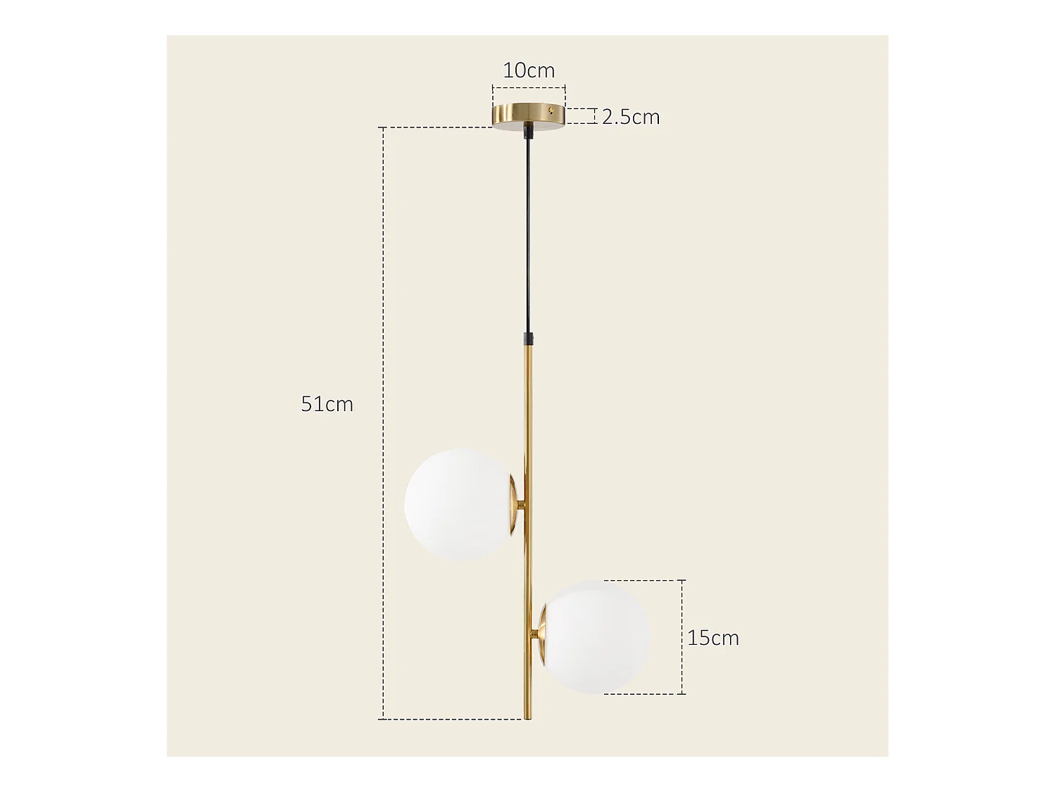 Lampada a sospensione in metallo con 2 paralumi in vetro bianca e oro