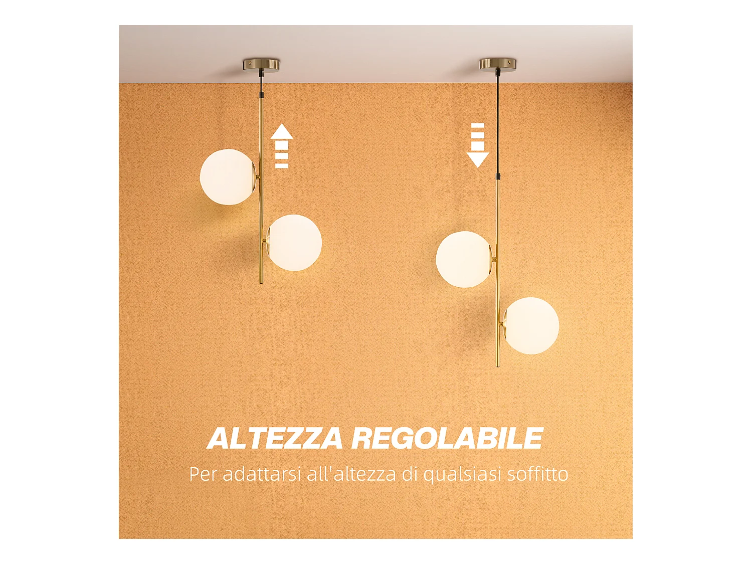 Lampada a sospensione in metallo con 2 paralumi in vetro bianca e oro