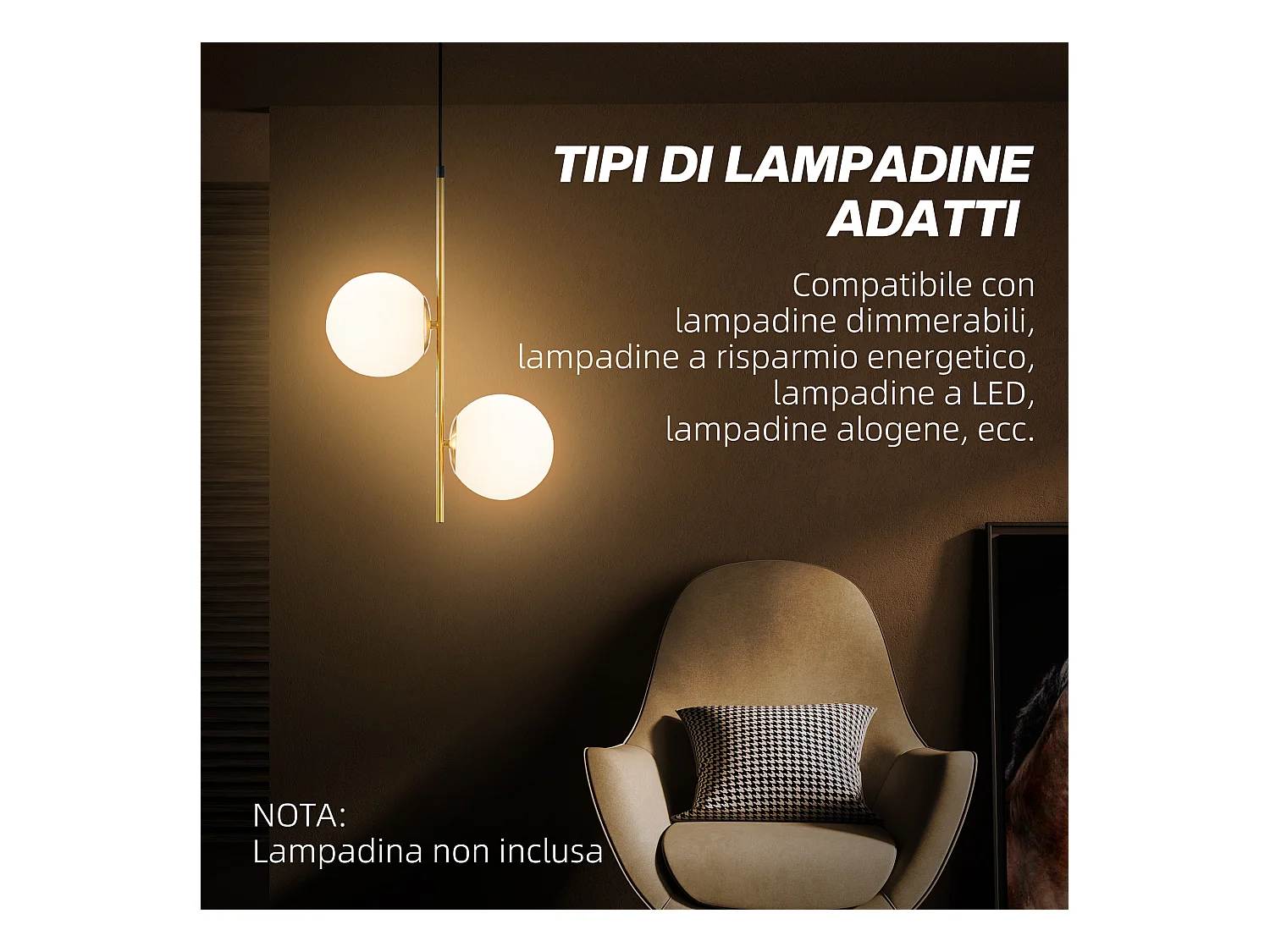 Lampada a sospensione in metallo con 2 paralumi in vetro bianca e oro