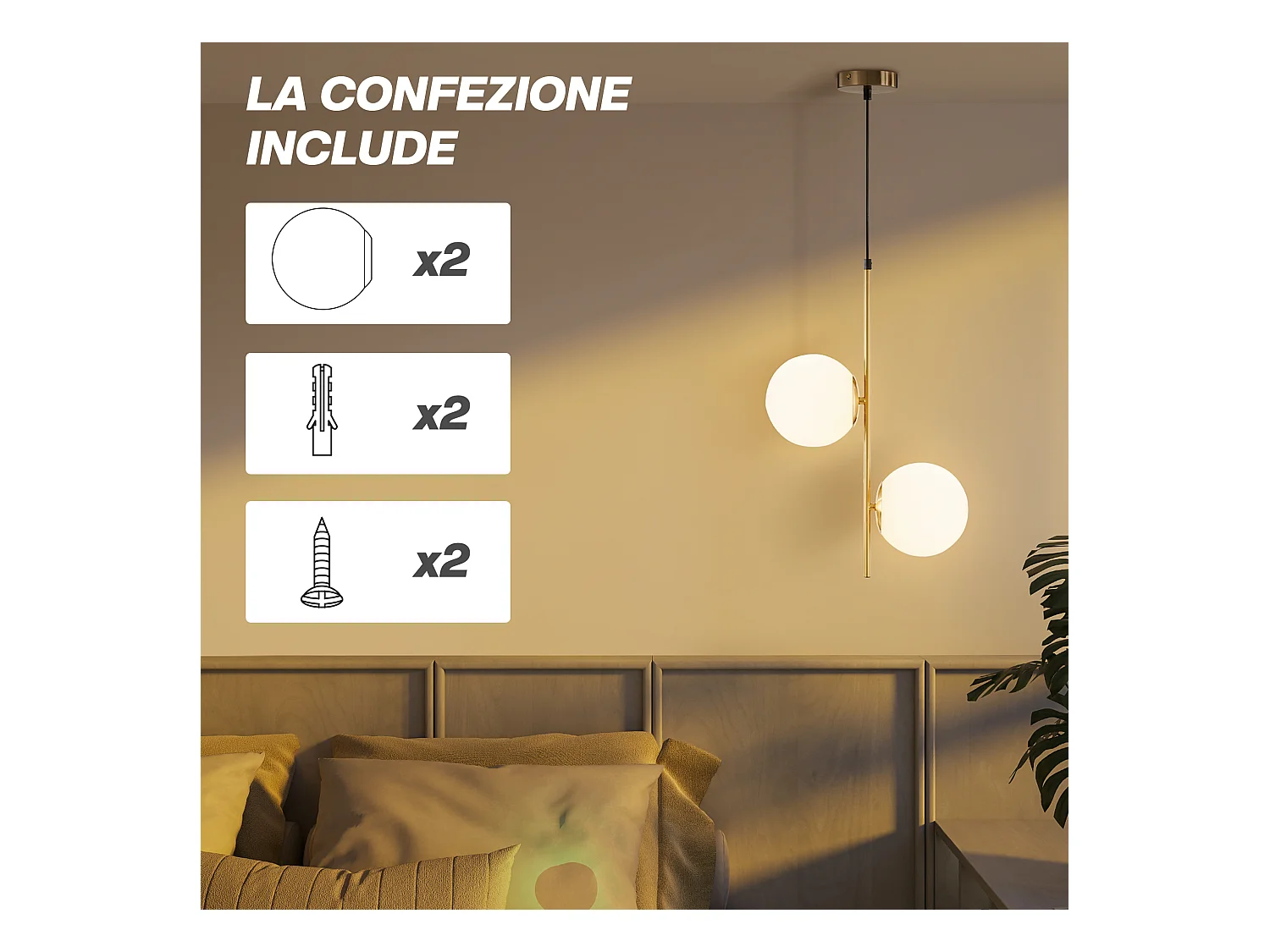 Lampada a sospensione in metallo con 2 paralumi in vetro bianca e oro