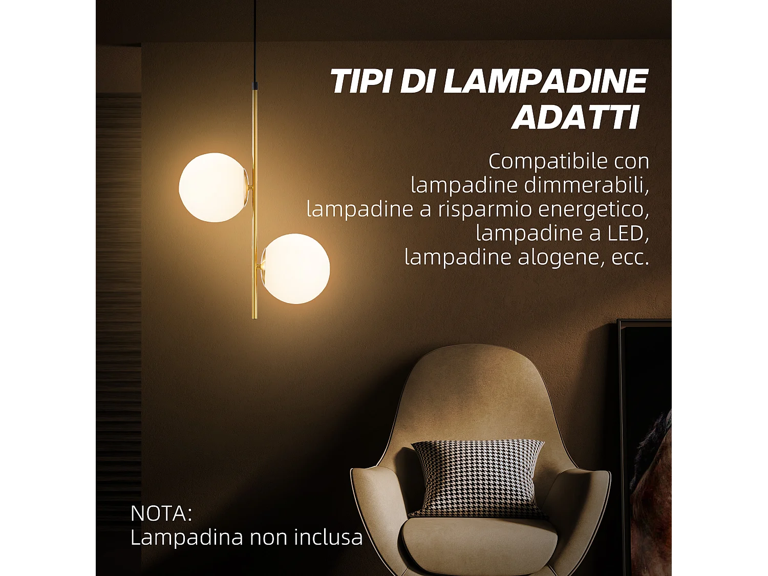 Lampada a sospensione in metallo con 2 paralumi in vetro bianca e oro