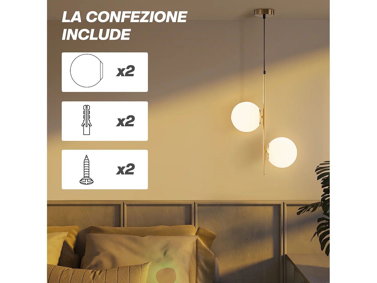 Lampada a sospensione in metallo con 2 paralumi in vetro bianca e oro