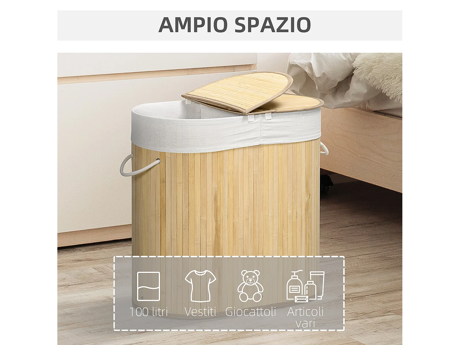 Cesto portabiancheria 2 sezioni e 2 coperchi con sacca interna