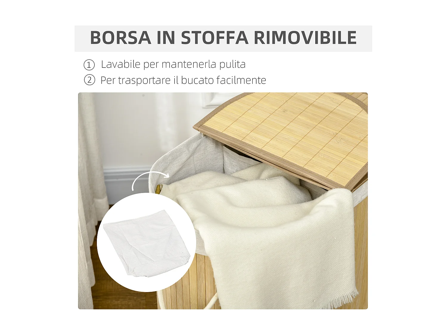 Cesto portabiancheria 2 sezioni e 2 coperchi con sacca interna