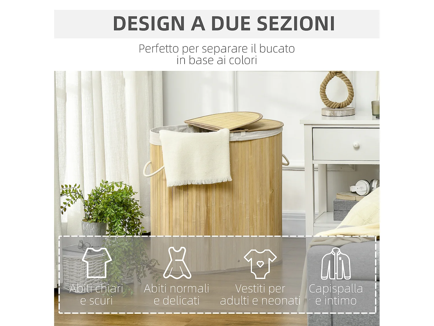 Cesto portabiancheria 2 sezioni e 2 coperchi con sacca interna