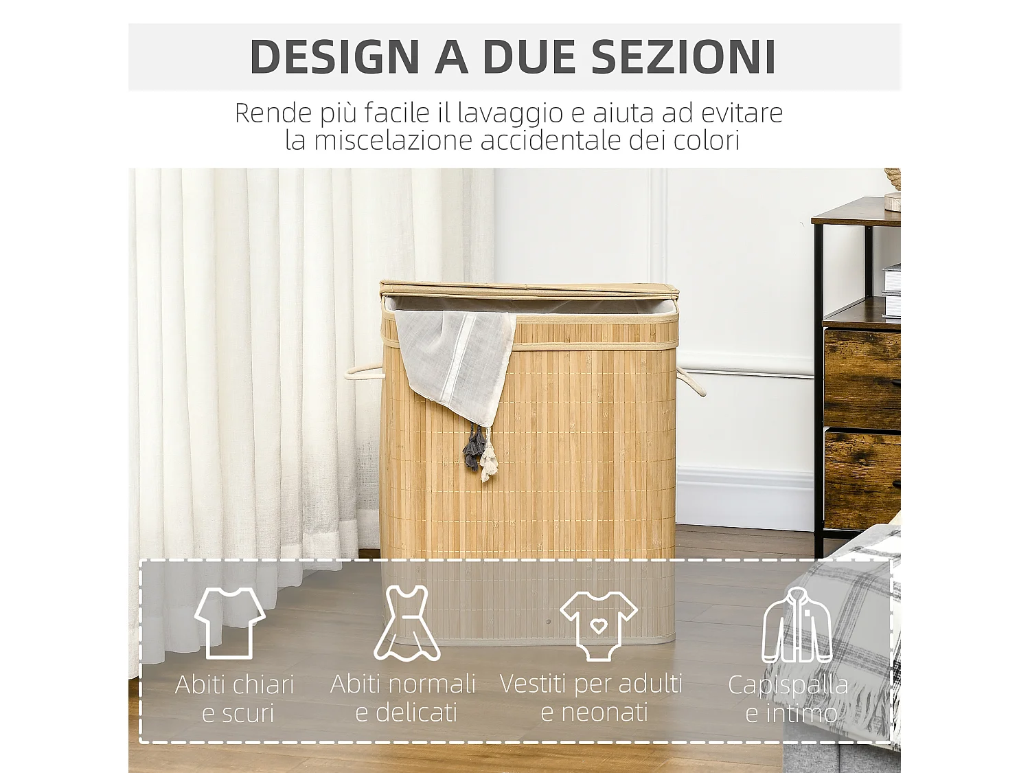 Cesto portabiancheria con 2 scomparti coperchio e manici in bambù