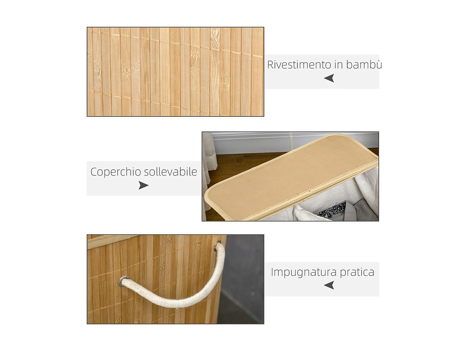 Cesto portabiancheria con 2 scomparti coperchio e manici in bambù