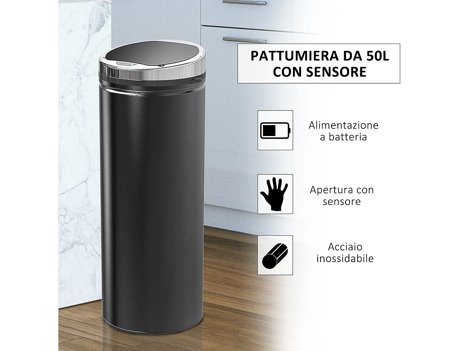 HOMCOM Pattumiera Automatica Sensore Infrarossi da 50L in Acciaio