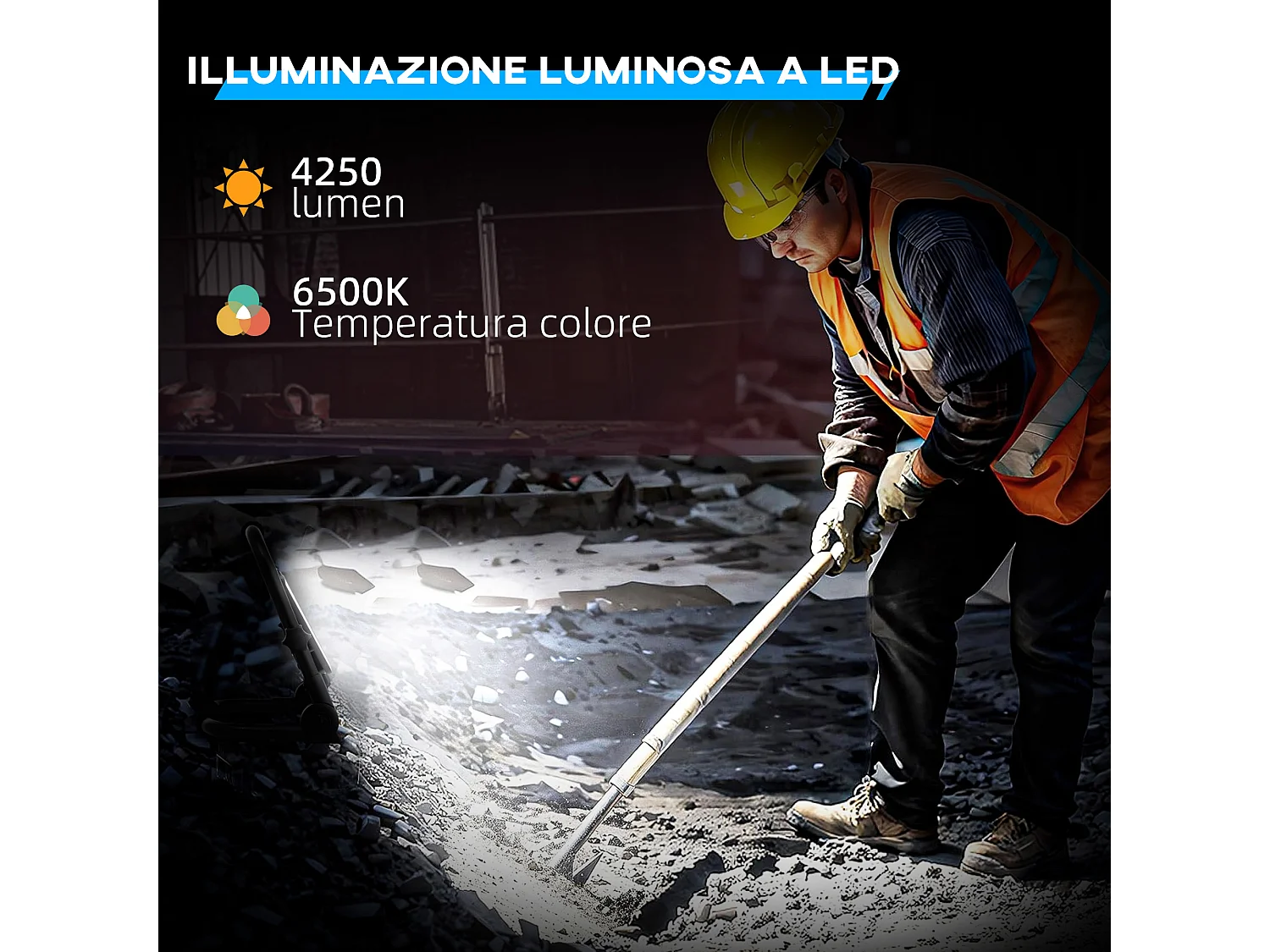 Faretto led da lavoro da 6500k con testa girevole e supporto nero