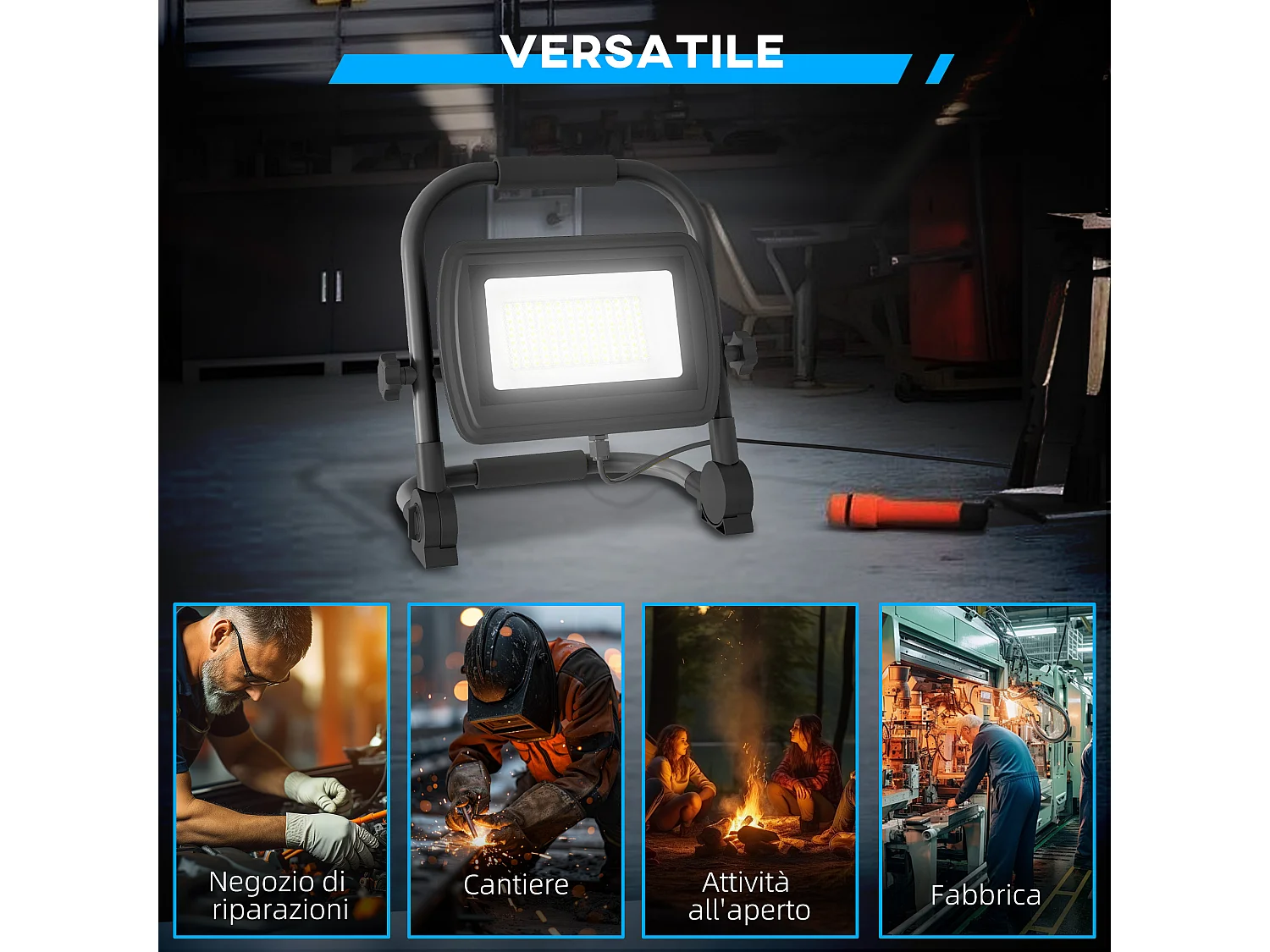 Faretto led da lavoro da 6500k con testa girevole e supporto nero