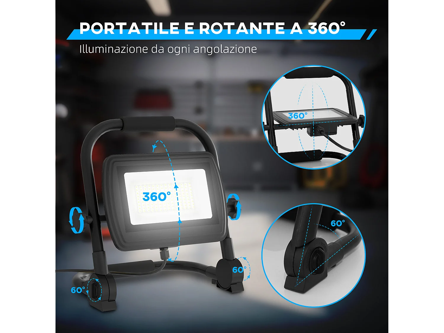 Faretto led da lavoro da 6500k con testa girevole e supporto nero