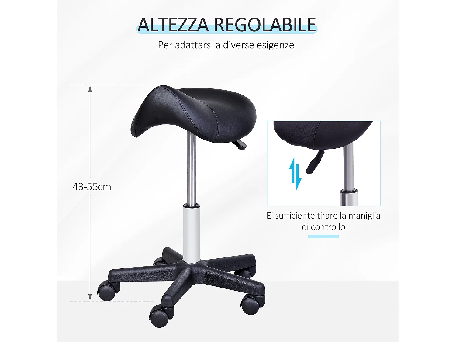 Sgabello girevole a sella con ruote con altezza regolabile nero