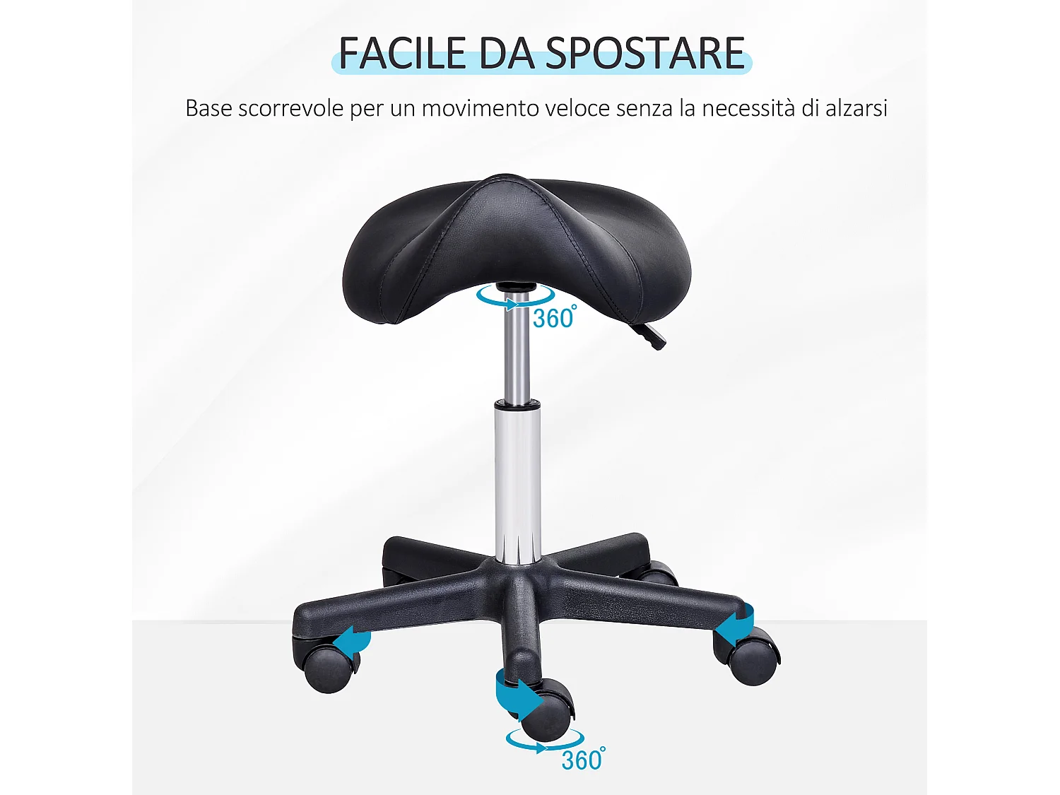 Sgabello girevole a sella con ruote con altezza regolabile nero
