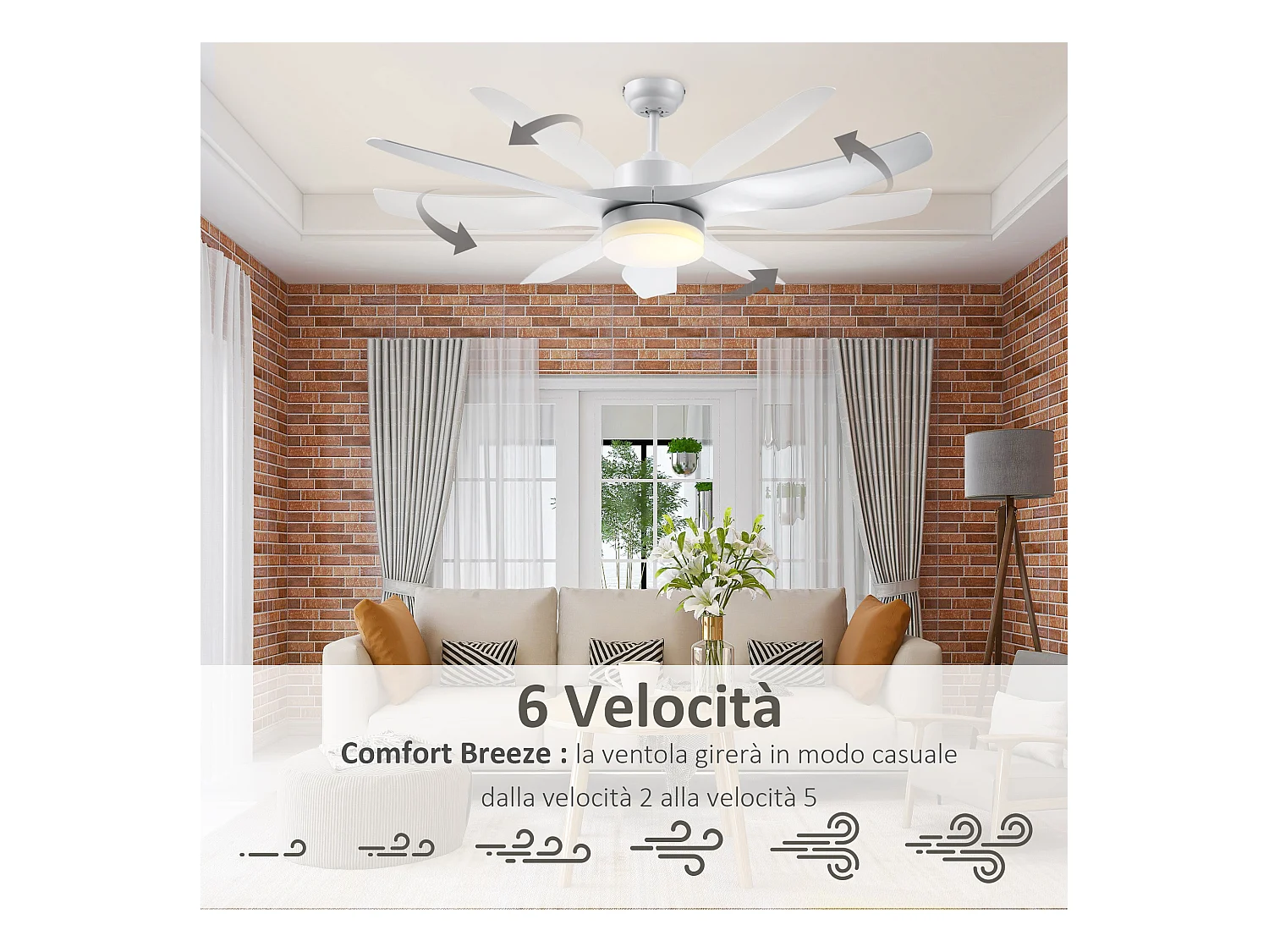 Ventilatore da soffitto luce led 3 modalità 6 velocità bianco