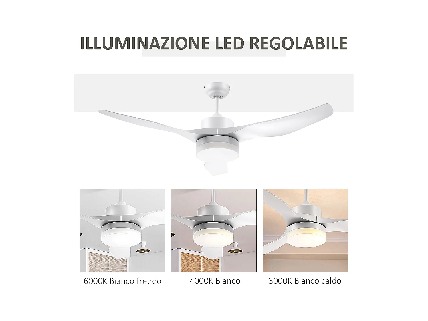 Ventilatore da soffitto luce led 3 modalità 6 velocità bianco