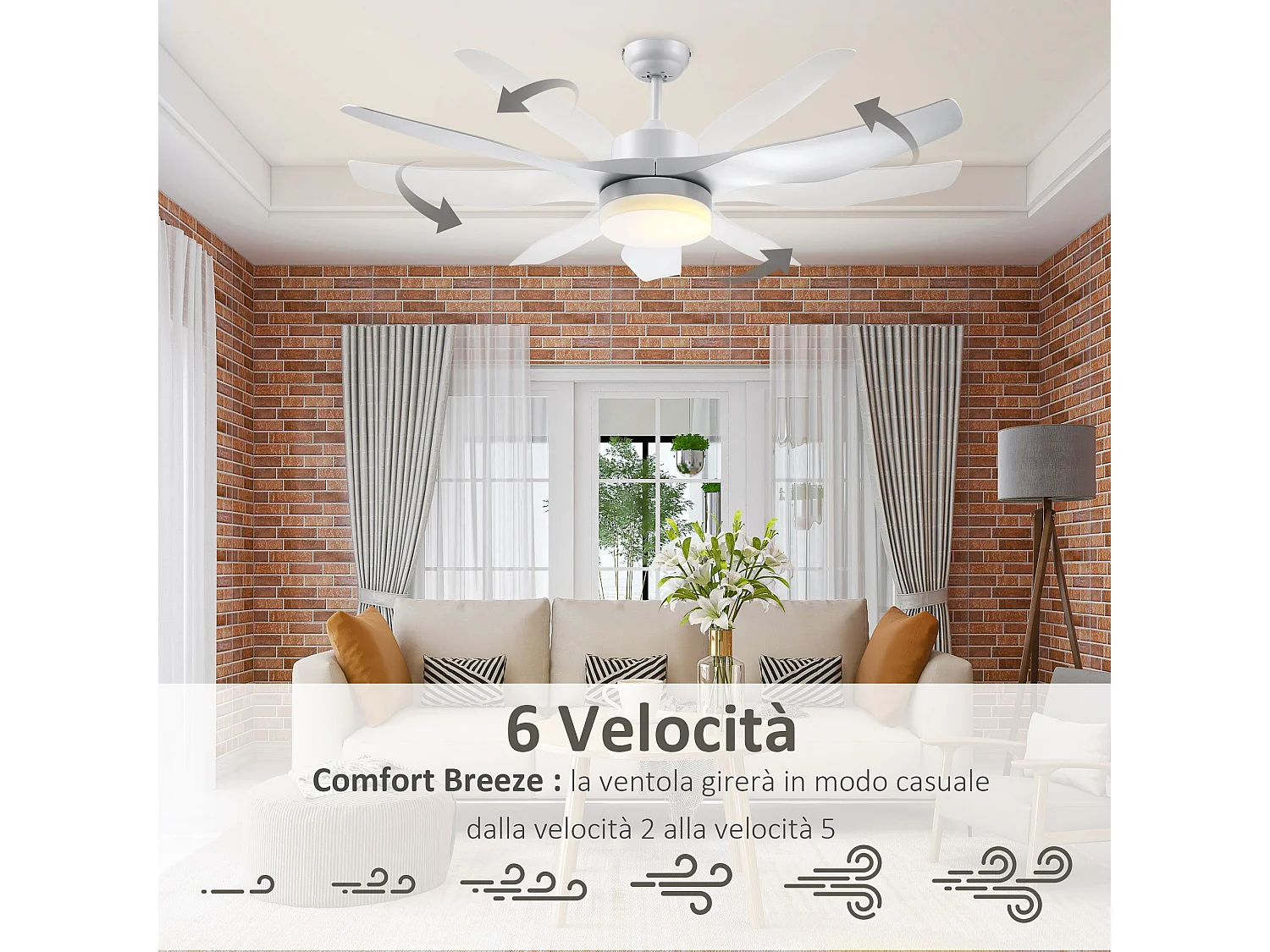 Ventilatore da soffitto luce led 3 modalità 6 velocità bianco