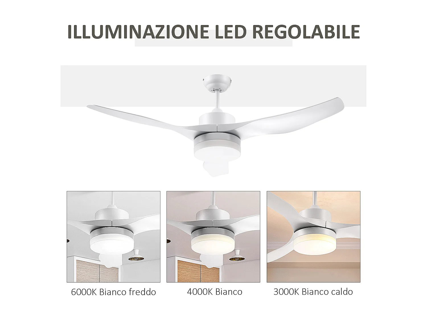 Ventilatore da soffitto luce led 3 modalità 6 velocità bianco