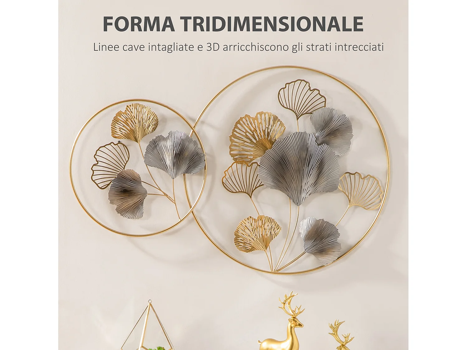 Decorazione murale 3d oro e argento con foglie di ginkgo