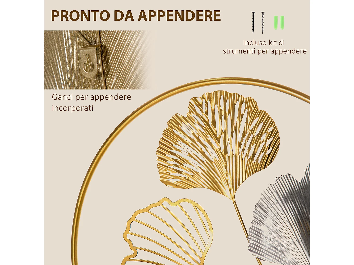 Decorazione murale 3d oro e argento con foglie di ginkgo