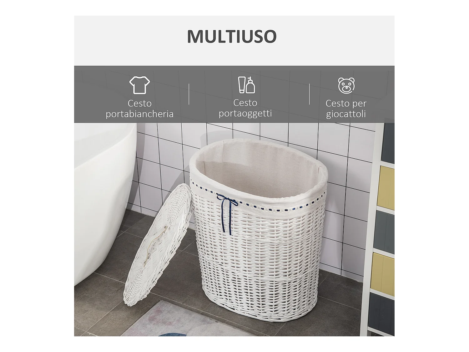 Cesto portabiancheria in vimini bianco con coperchio max. 15kg