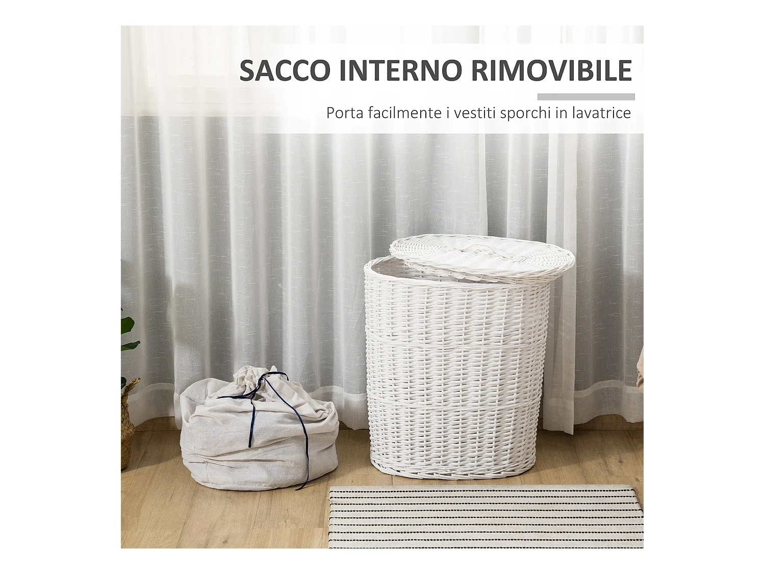 Cesto portabiancheria in vimini bianco con coperchio max. 15kg