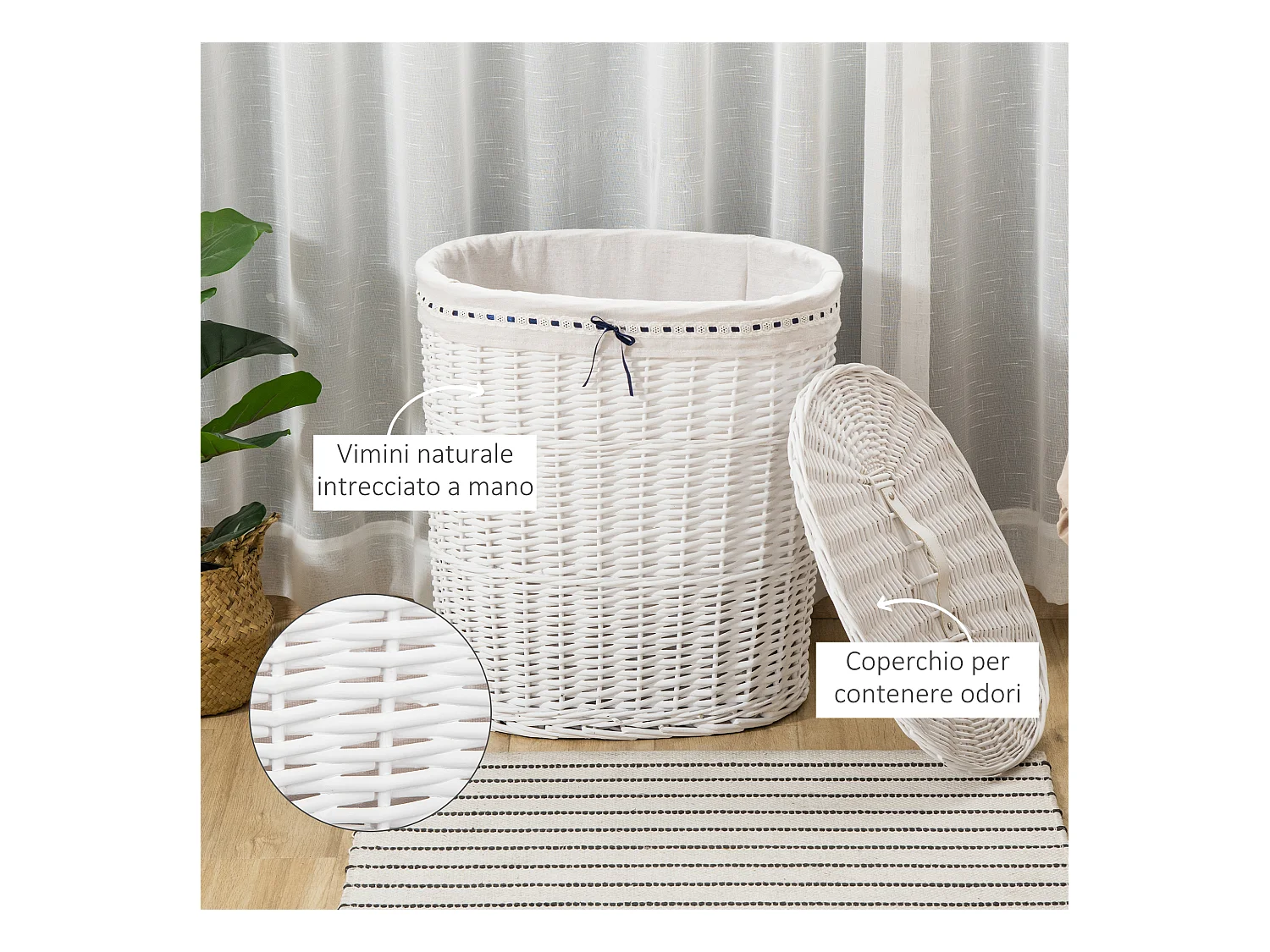 Cesto portabiancheria in vimini bianco con coperchio max. 15kg