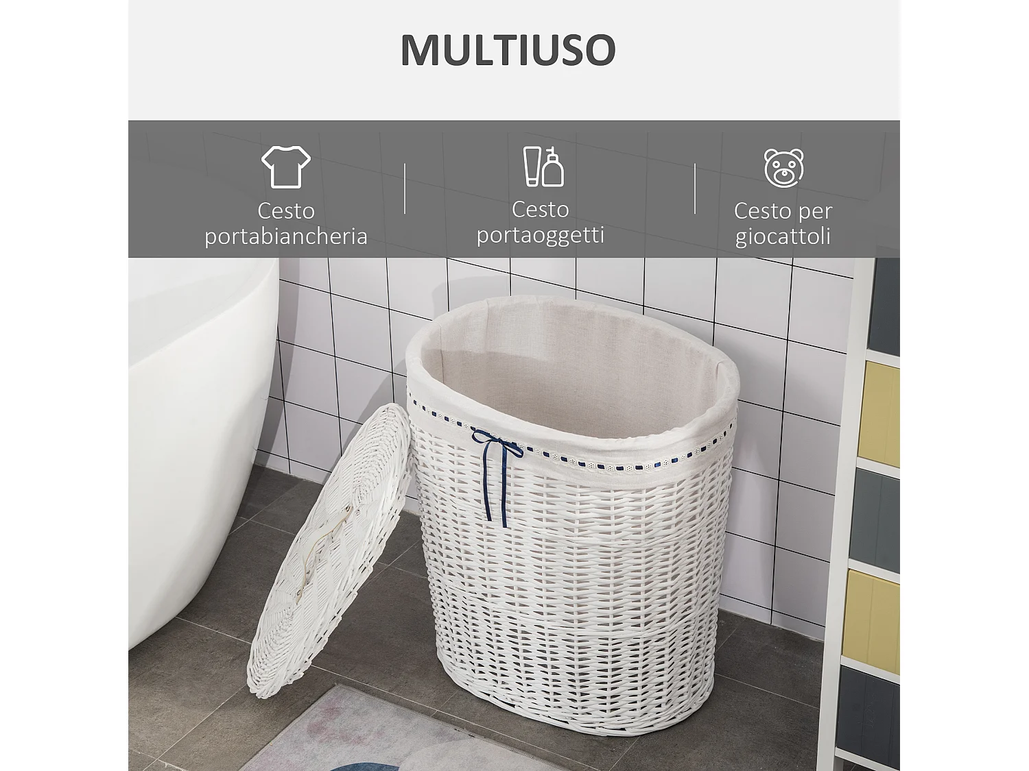 Cesto portabiancheria in vimini bianco con coperchio max. 15kg