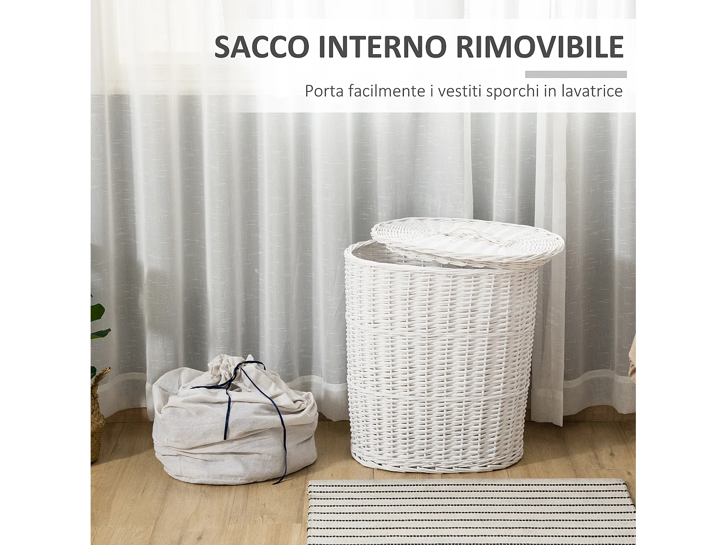 Cesto portabiancheria in vimini bianco con coperchio max. 15kg