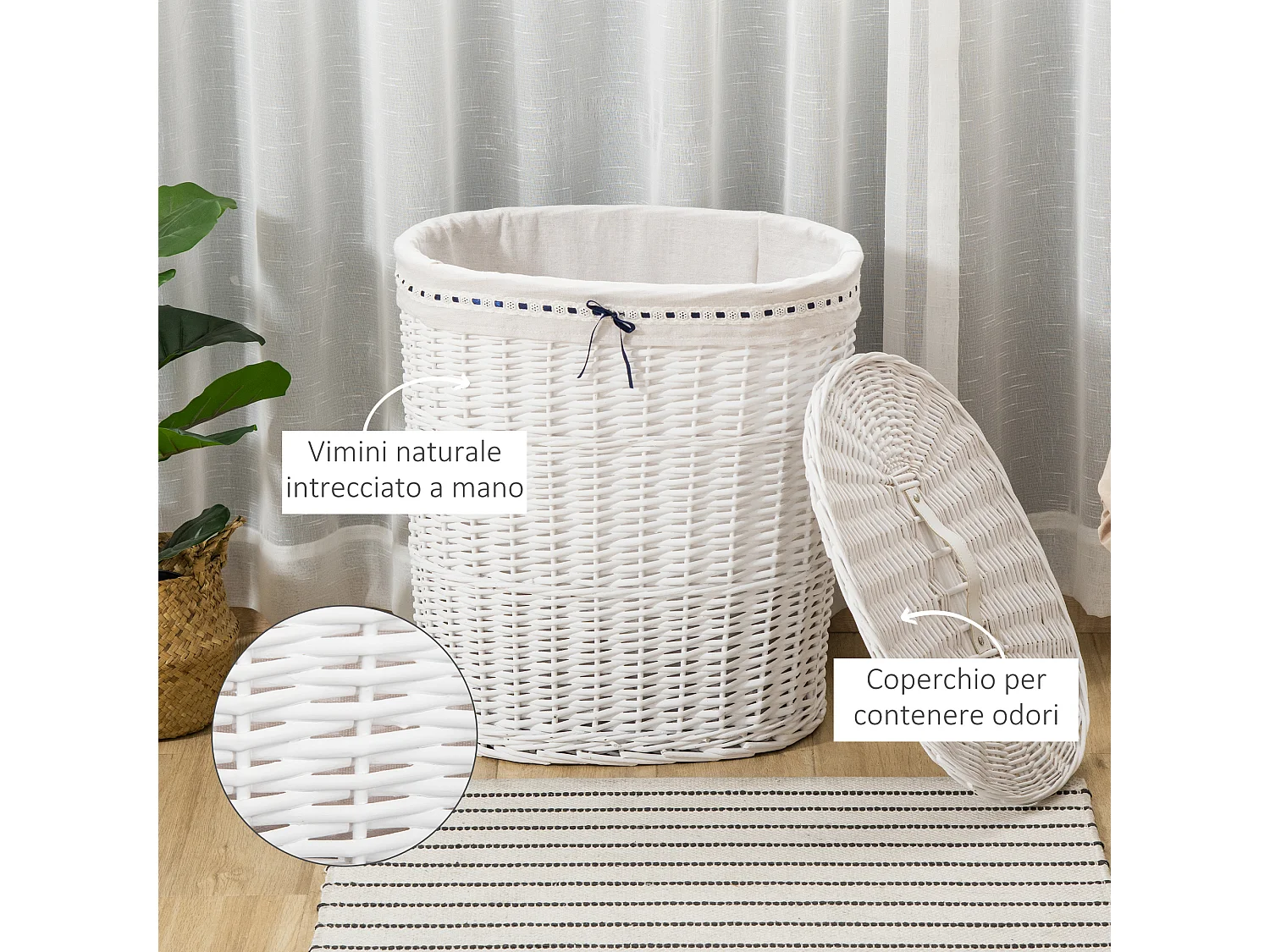 Cesto portabiancheria in vimini bianco con coperchio max. 15kg