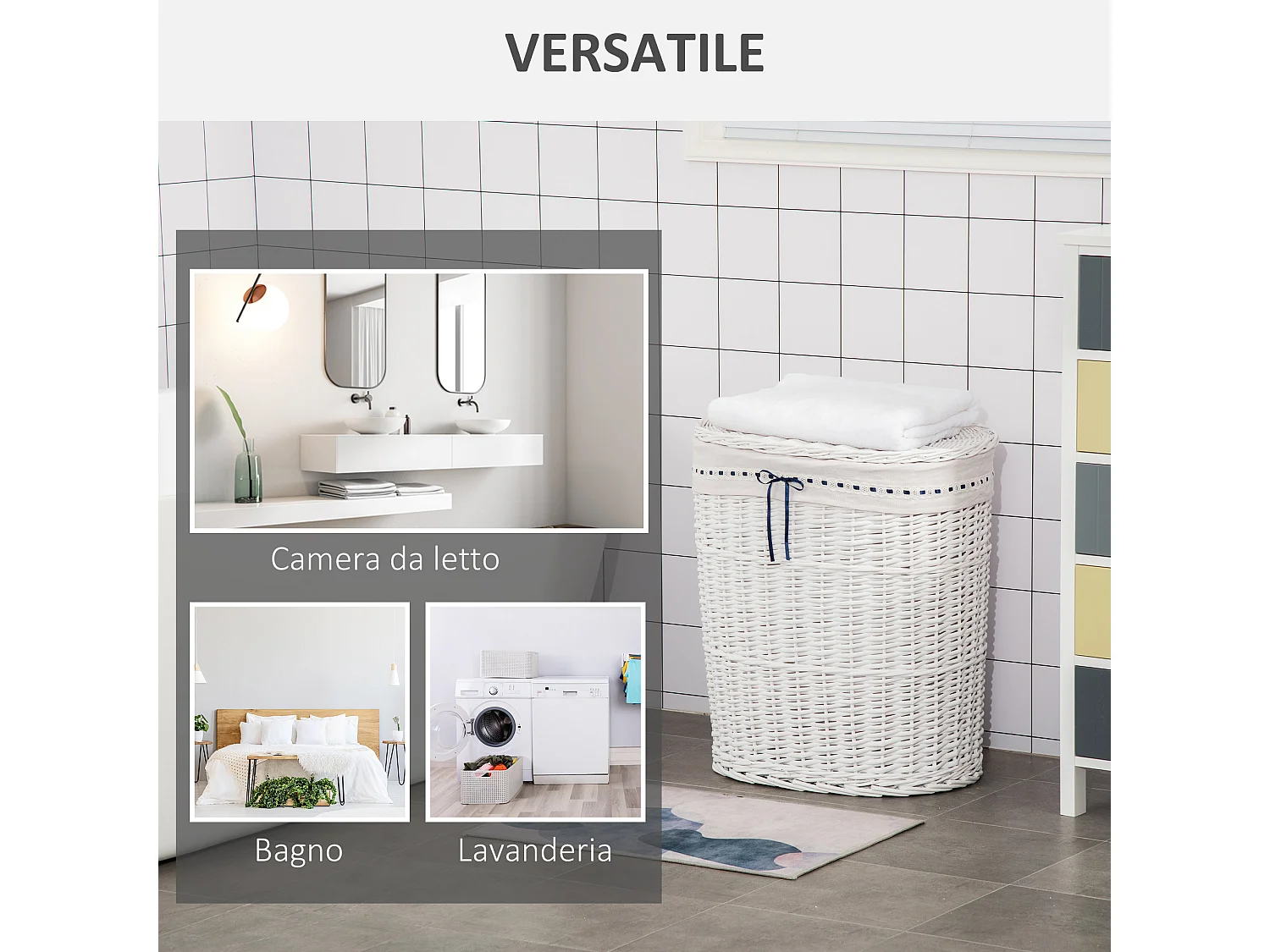 Cesto portabiancheria in vimini bianco con coperchio max. 15kg