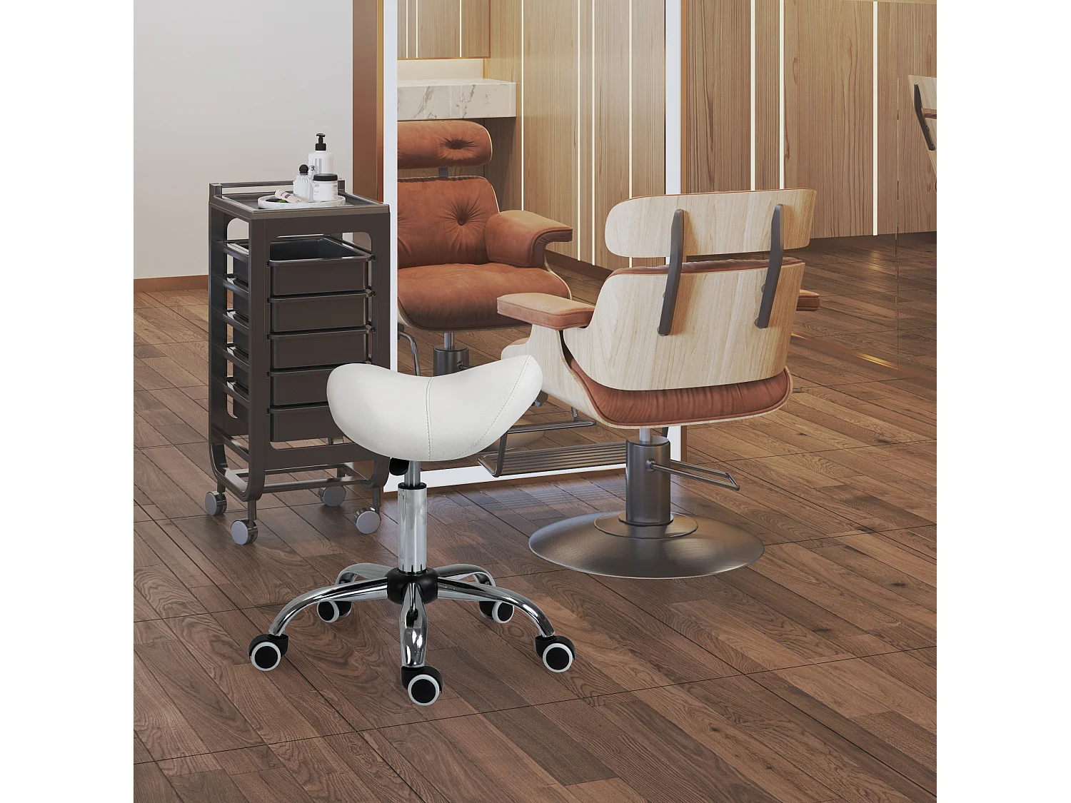 Sgabello da lavoro con ruote altezza regolabile in PU beige