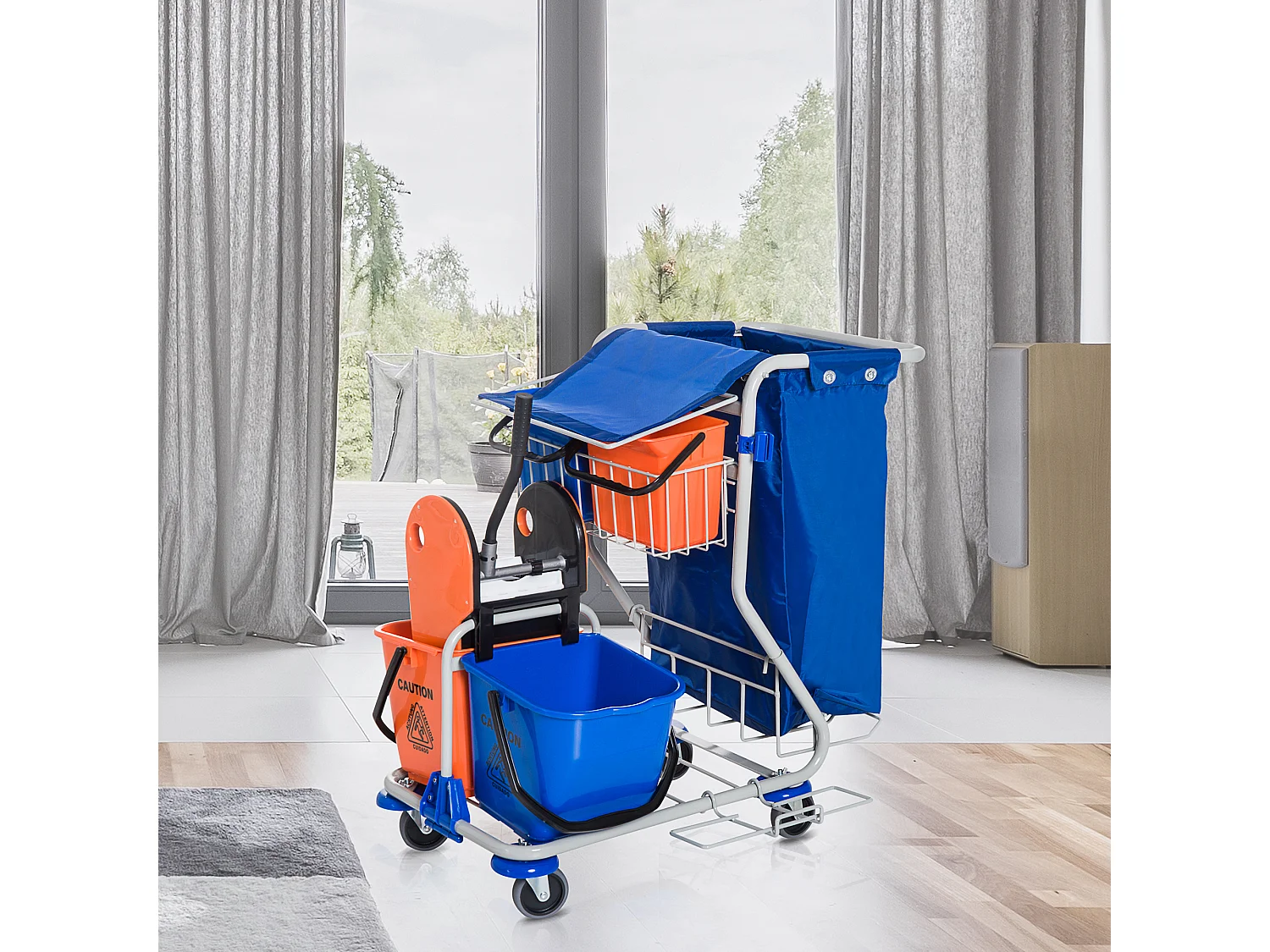 Carrello Pulizie Professionale con 4 Secchi 18l/6l, Blu, Arancione