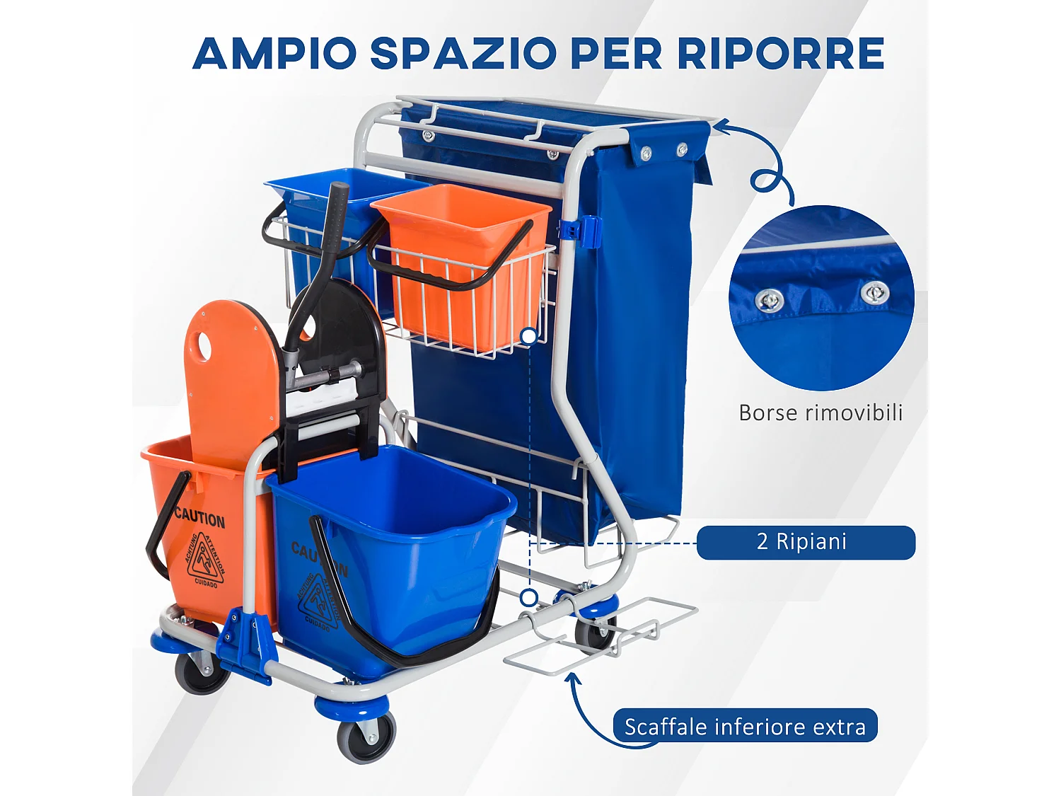 Carrello Pulizie Professionale con 4 Secchi 18l/6l, Blu, Arancione