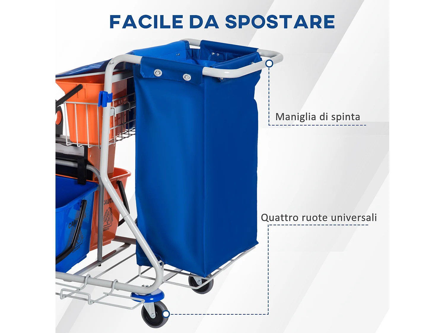 Carrello Pulizie Professionale con 4 Secchi 18l/6l, Blu, Arancione