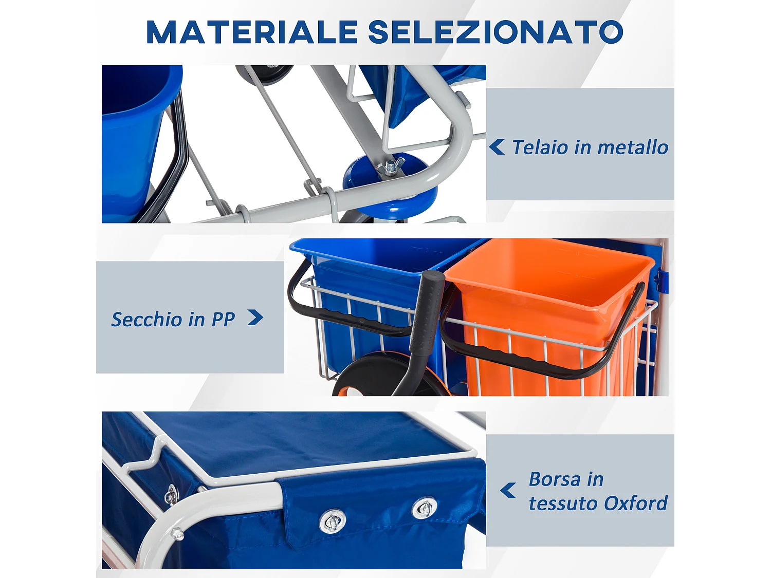Carrello Pulizie Professionale con 4 Secchi 18l/6l, Blu, Arancione