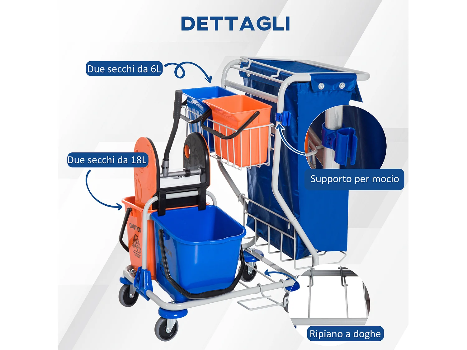 Carrello Pulizie Professionale con 4 Secchi 18l/6l, Blu, Arancione