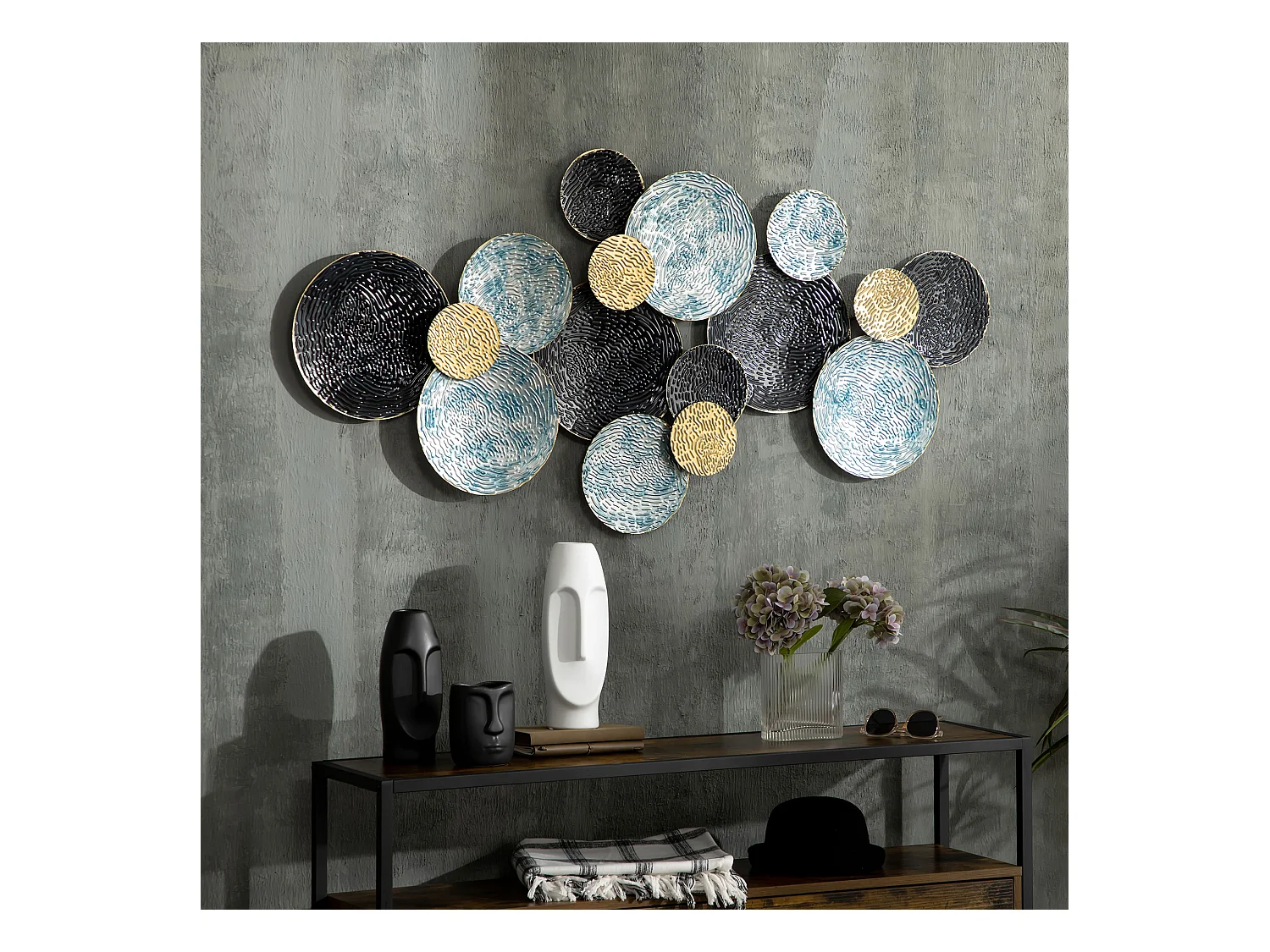 Wall art in metallo 3d a cerchi 133x66cm blu nero oro
