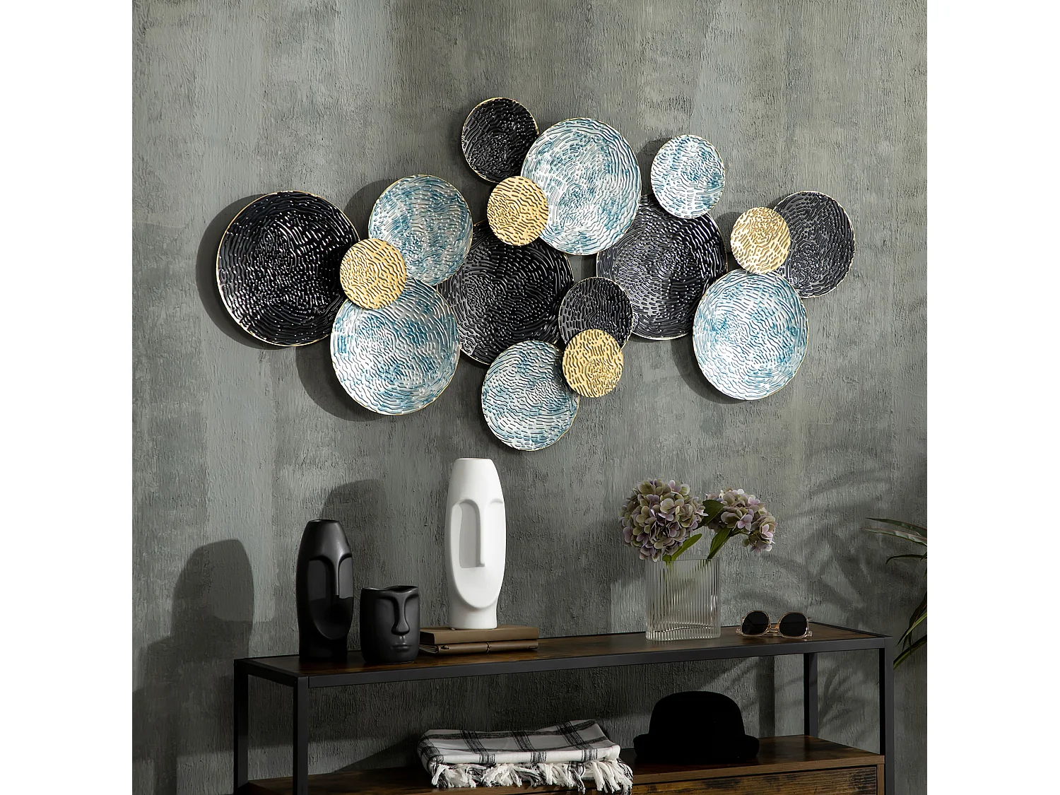 Wall art in metallo 3d a cerchi 133x66cm blu nero oro