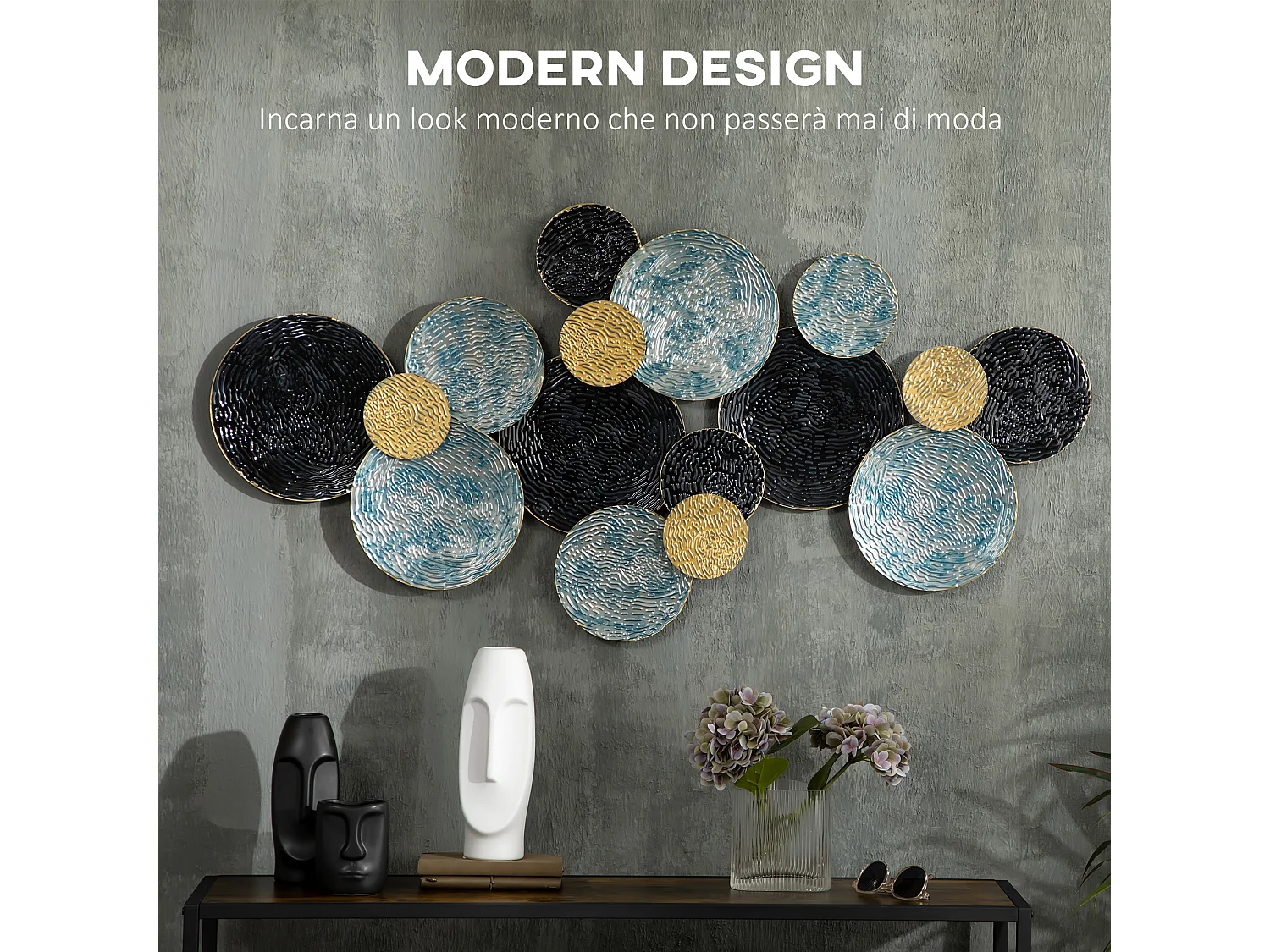 Wall art in metallo 3d a cerchi 133x66cm blu nero oro