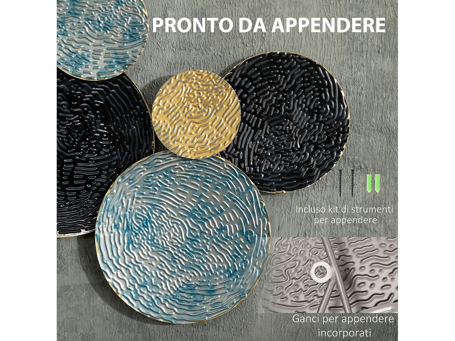 Wall art in metallo 3d a cerchi 133x66cm blu nero oro