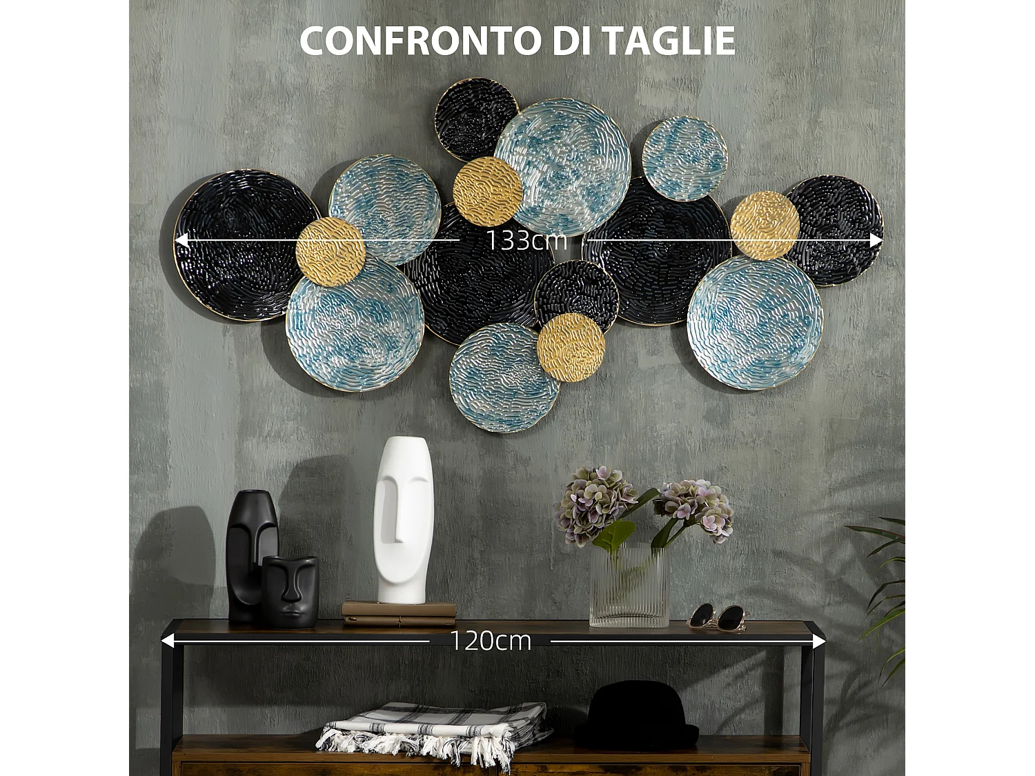 Wall art in metallo 3d a cerchi 133x66cm blu nero oro