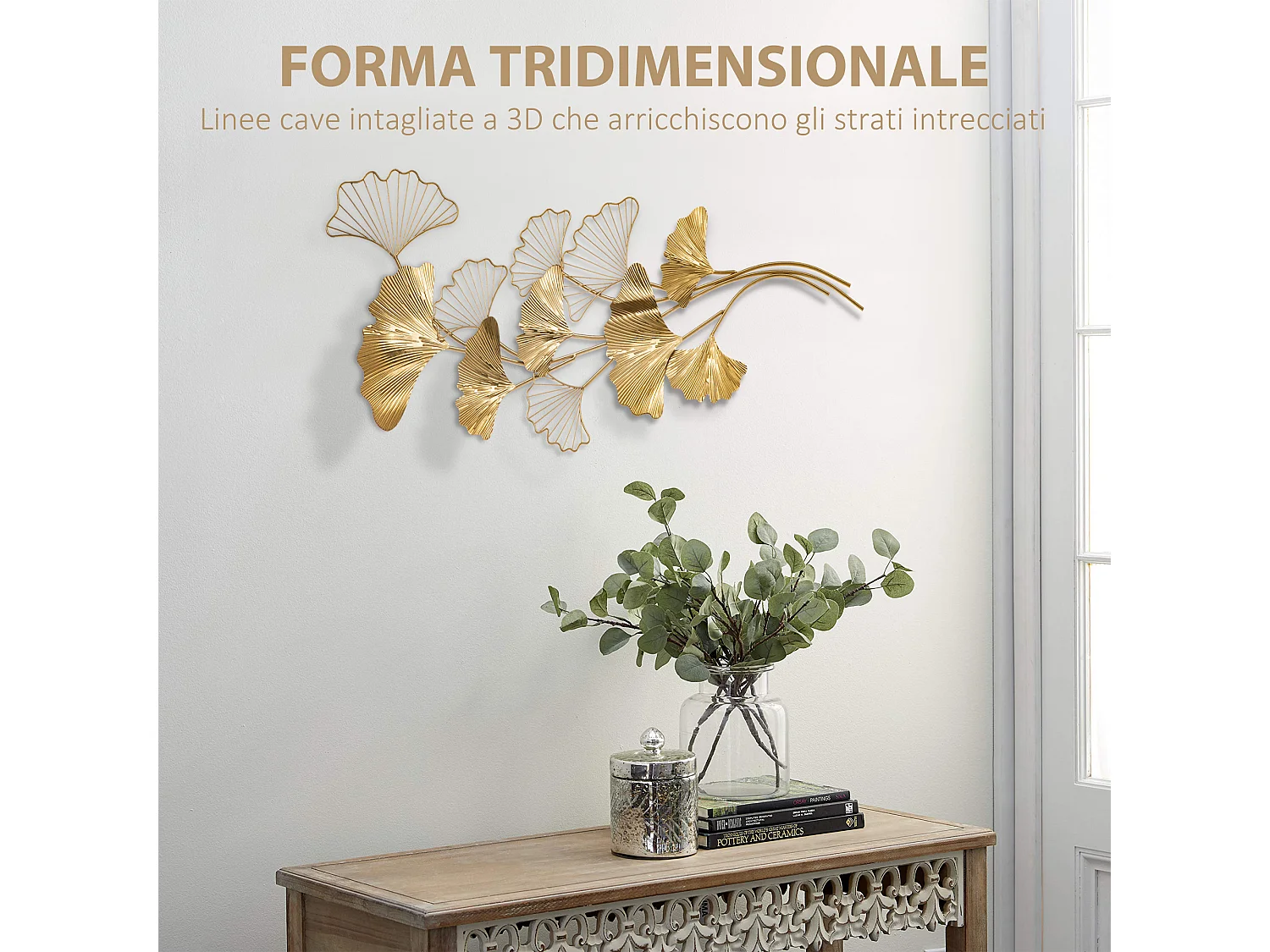 Decorazione murale 3d wall art con foglie di ginkgo 138x70cm